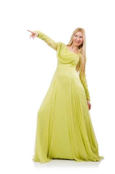 Pretty girl in elegant green dress isolated on white — Stock Photo, Image