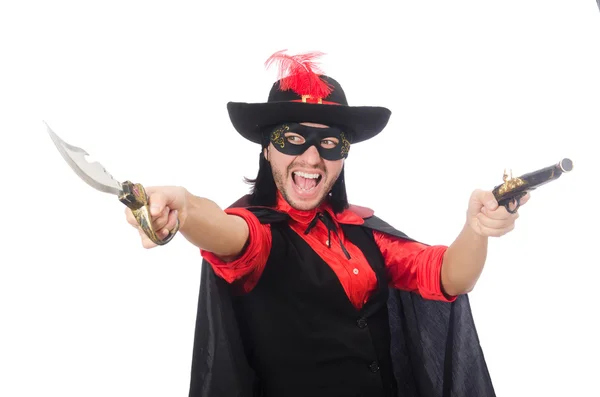 Jeune homme en manteau de carnaval avec pistolet isolé sur blanc — Photo