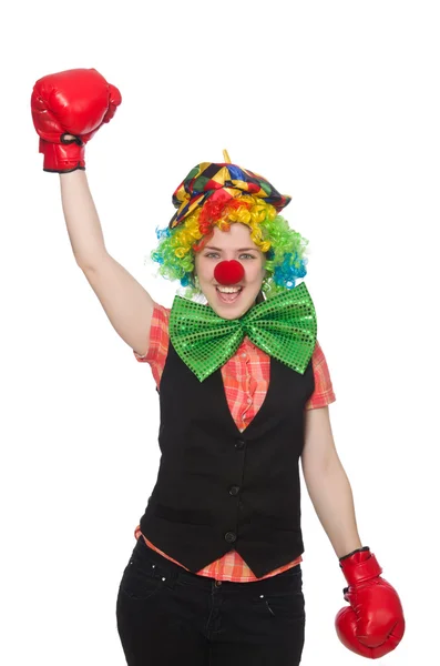 Vrouwelijke clown met box handschoenen geïsoleerd op wit — Stockfoto