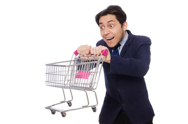 Hombre divertido con carrito de compras aislado en blanco —  Fotos de Stock