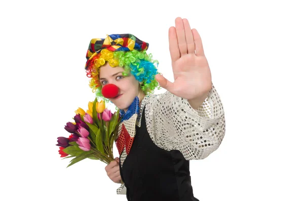 Clown femminile con fiori isolati su bianco — Foto Stock