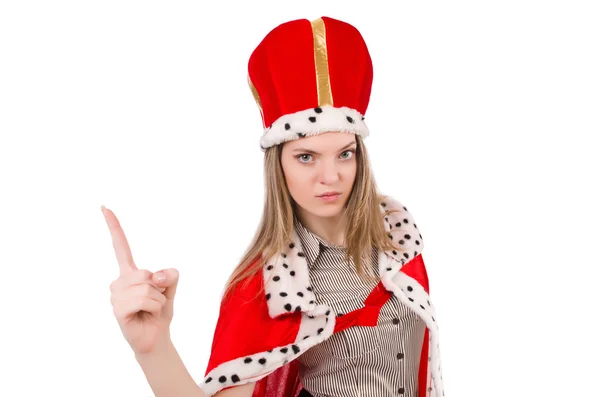 Pretty woman wearing crown and red coat isolated on white — Stock Photo, Image