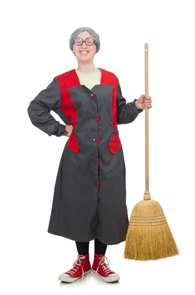 Woman with sweeping brush isolated on white — Stock Photo, Image