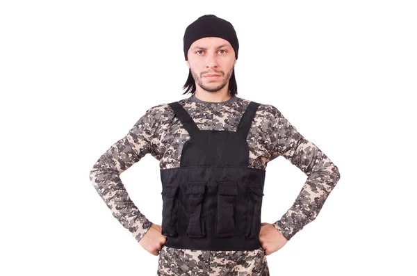 Joven en uniforme militar aislado en blanco — Foto de Stock