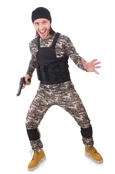 Jovem de uniforme militar segurando arma isolada em branco — Fotografia de Stock