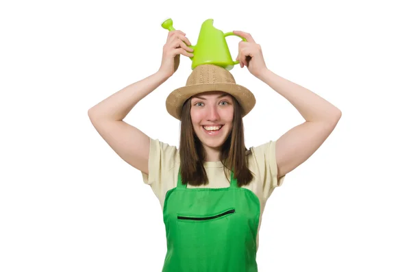 Frau mit Wasserkanne isoliert auf weiß — Stockfoto