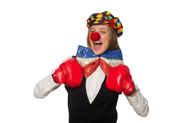 Bella clown femminile con guanti box isolati su bianco — Foto Stock