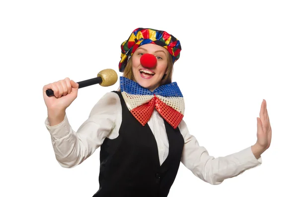 Palhaço fêmea bonita com maracas isoladas em branco — Fotografia de Stock