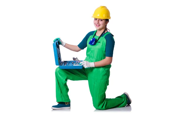 Costruttore donna con toolkit isolato su bianco — Foto Stock