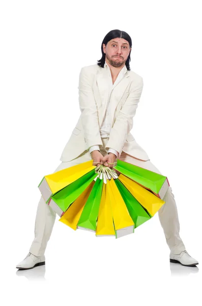 Uomo con shopping bags isolato su bianco — Foto Stock