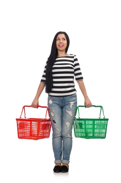 Vrouw met winkelwagen geïsoleerd op wit — Stockfoto