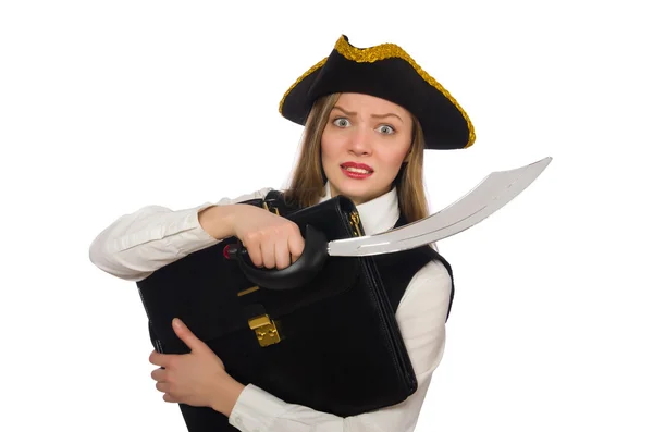 Pirate meisje holding zak en zwaard geïsoleerd op wit — Stockfoto