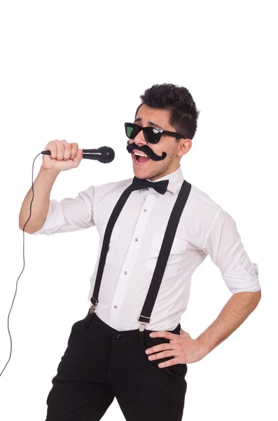 Zabawny człowiek z mikrofonem na białym tle — Zdjęcie stockowe