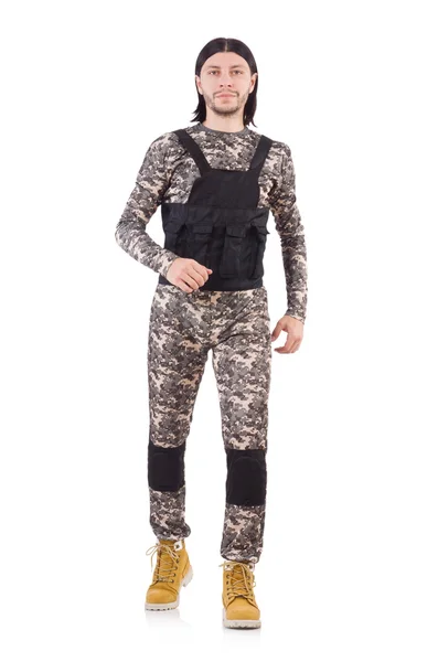 Jovem de uniforme militar isolado em branco — Fotografia de Stock