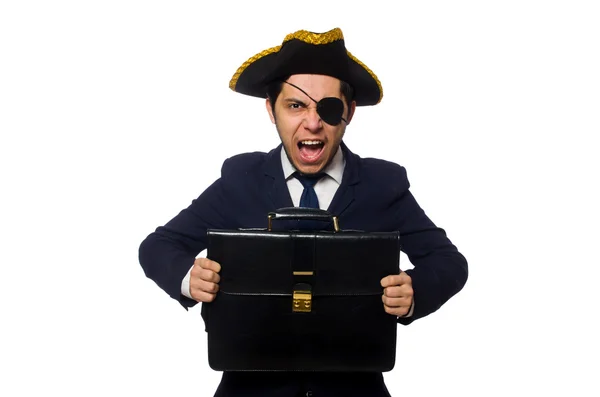 Young one eyed captain with briefcase isolated on white — Stock Photo, Image