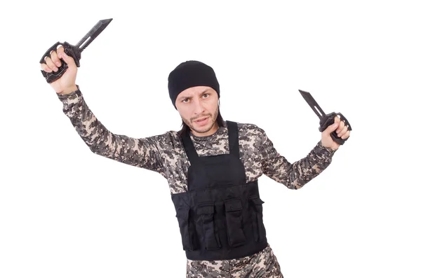 Joven en uniforme militar aislado en blanco — Foto de Stock