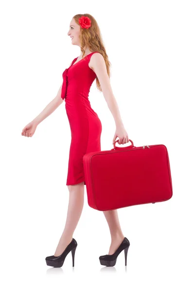 Menina bonita em vestido vermelho isolado no branco — Fotografia de Stock