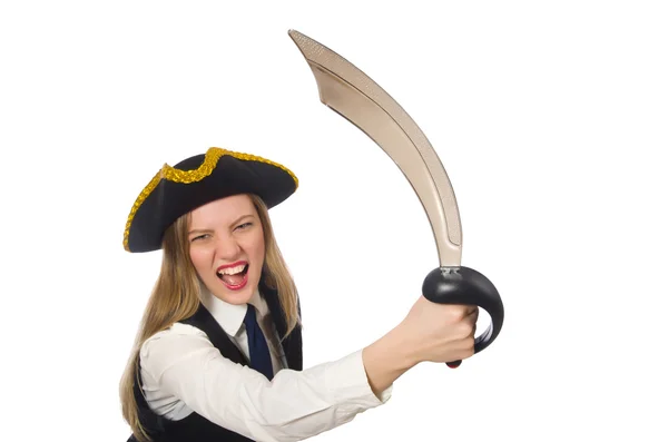 Pěkně pirátská dívka drží meč izolovaných na bílém — Stock fotografie