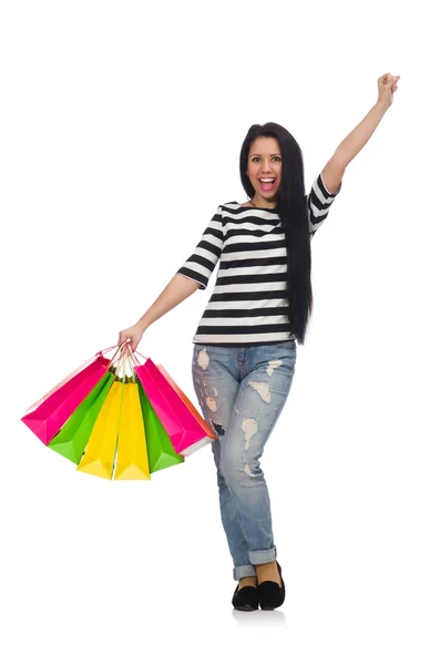 Donna con shopping bags isolata su bianco — Foto Stock