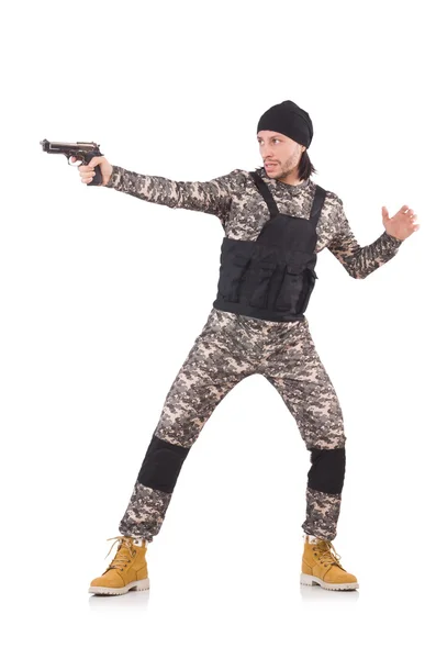 Joven en uniforme militar sosteniendo pistola aislada en blanco —  Fotos de Stock