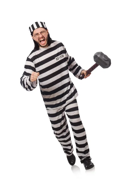 Prison inmate with hammer isolated on white — Stock Photo, Image