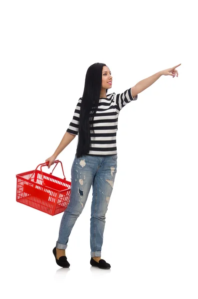 白で隔離されるショッピングカートを持つ女性 — ストック写真