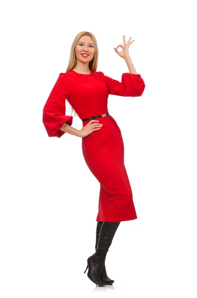 Beautiful woman in red long dress — Stock Photo, Image