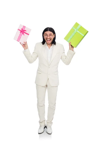 Homme avec boîte cadeau isolé sur blanc — Photo