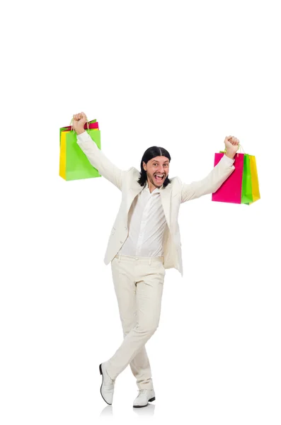 Uomo con shopping bags isolato su bianco — Foto Stock