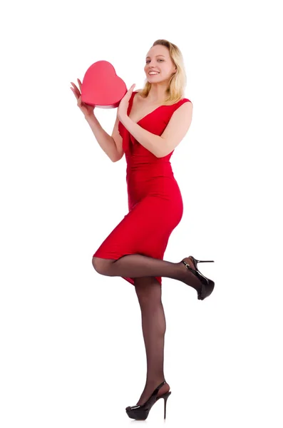 红色女装，手持礼品盒，与白色隔离 — 图库照片
