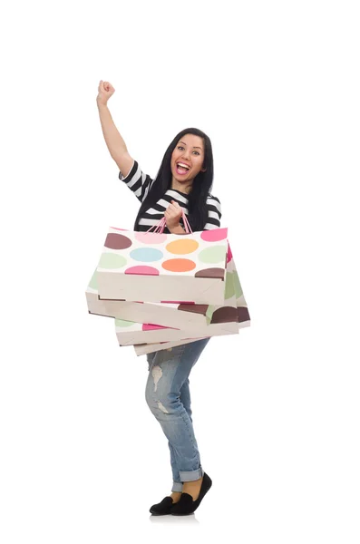 Mujer con bolsas aisladas en blanco —  Fotos de Stock