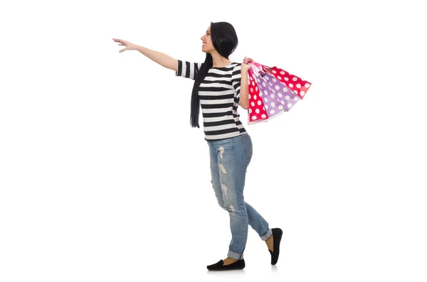 Mulher com sacos de compras isolados em branco — Fotografia de Stock