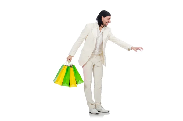 Alışveriş torbalı adam beyazda izole edilmiş. — Stok fotoğraf