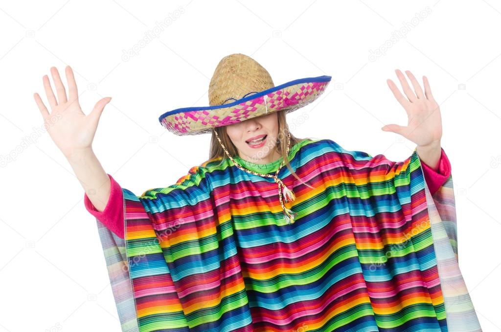 Pretty girl in mexican poncho isolated on white