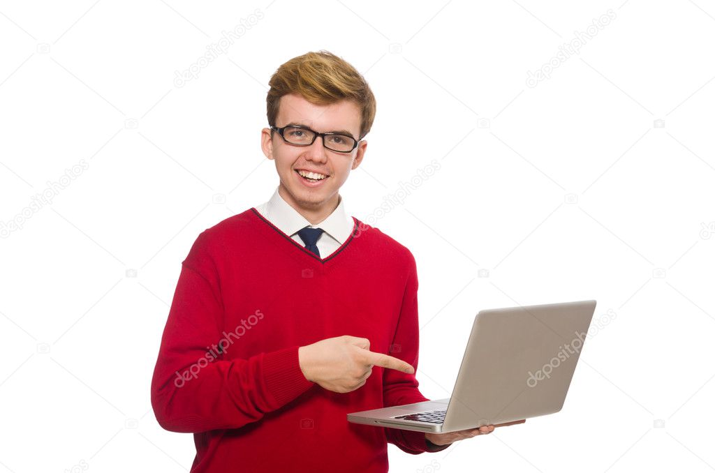 Student using laptop isolated on white