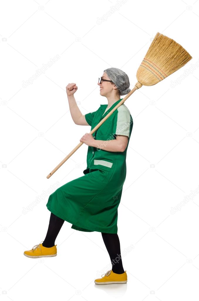 Woman with sweeping brush isolated on white