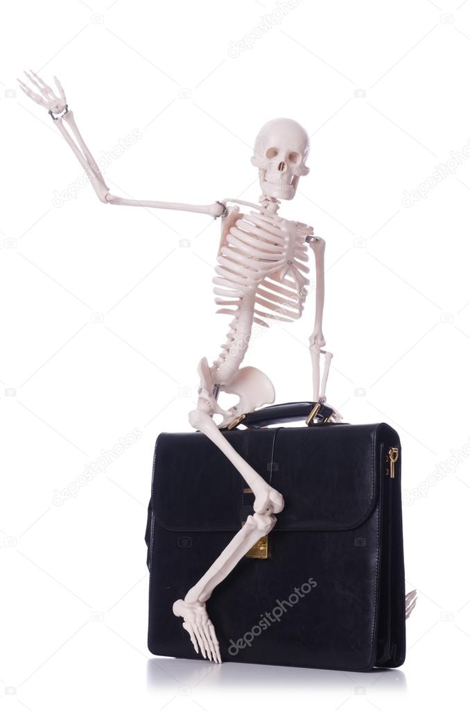 Skeleton with suitcase isolated on white