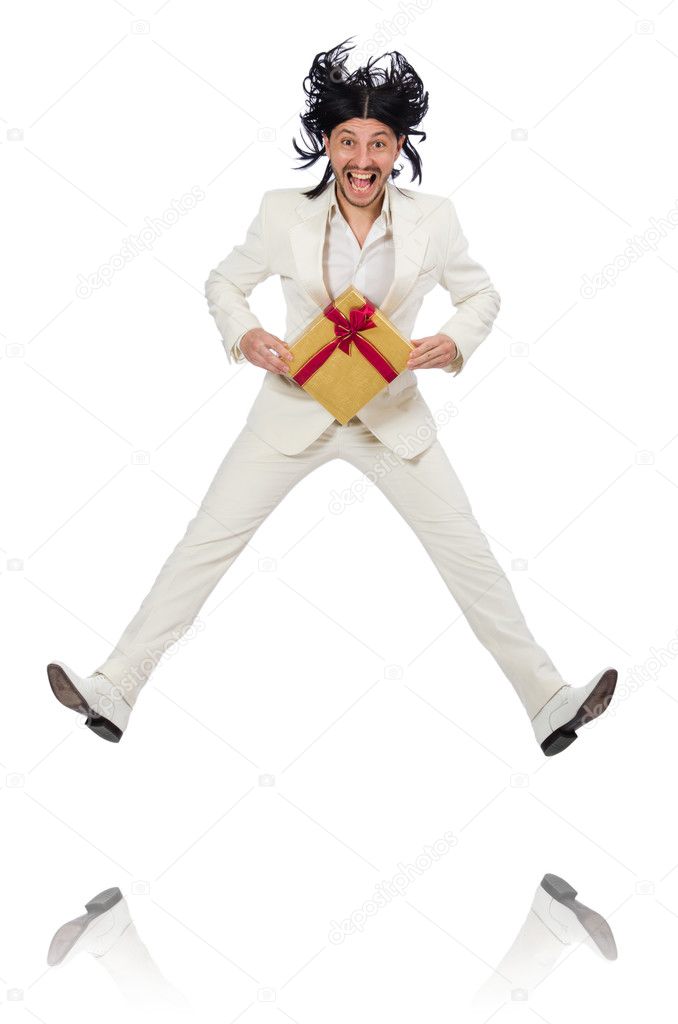 Man with giftbox isolated on white