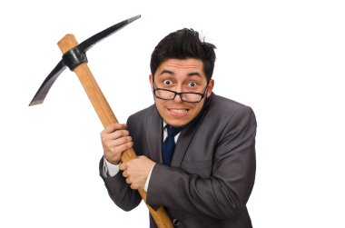 Genç işadamının elinde beyaz bir alet var.