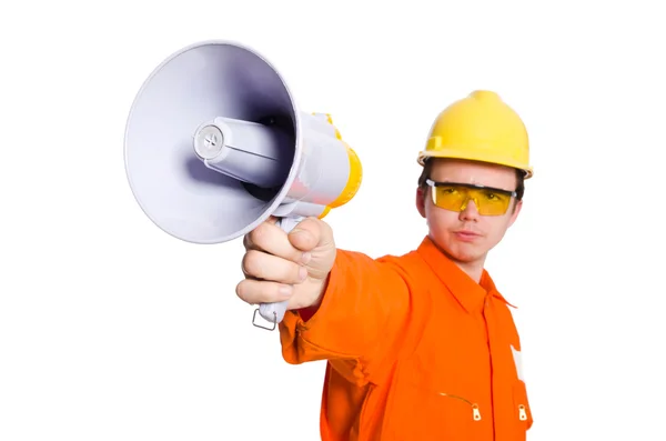 Builder with loudspeaker — Stock Photo, Image