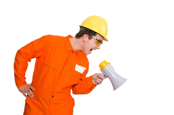 Builder with loudspeaker — Stock Photo, Image