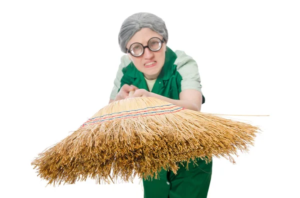 Mujer con cepillo de barrido — Foto de Stock