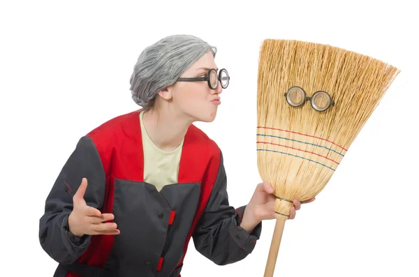 Woman with sweeping brush — Stock Photo, Image