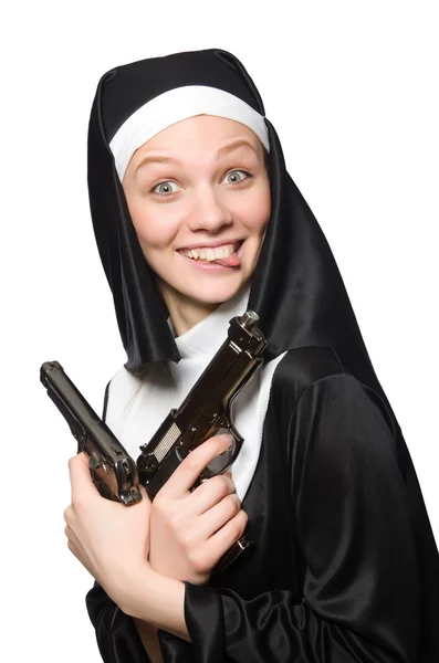 Nun with gun isolated — Stock Photo, Image