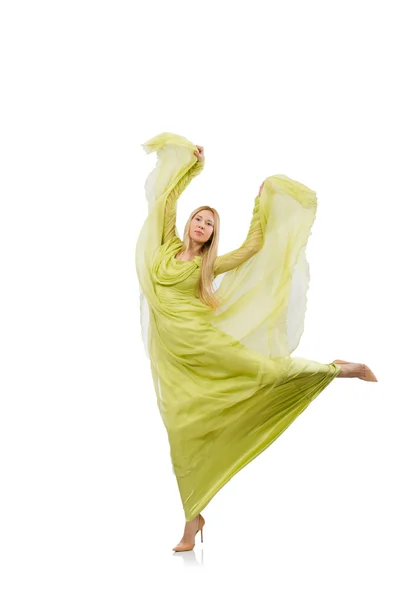 Hezká dívka v elegantních zelených šatech izolovaných na bílém — Stock fotografie