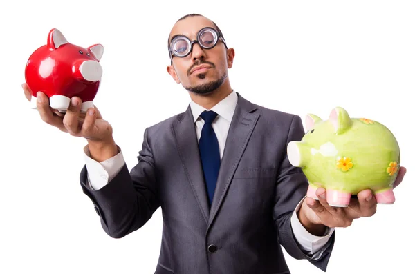 Funny man breaking his piggy bank — Stock Photo, Image