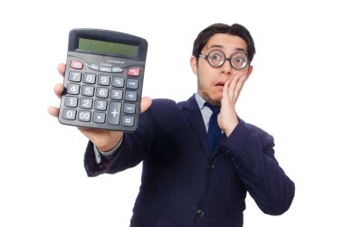 Komik adam beyaz izole hesap makinesi ile