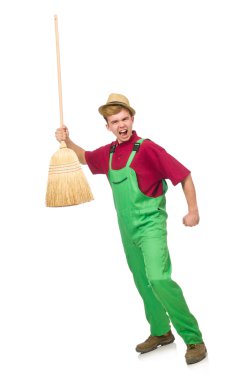 Man janitor on white
