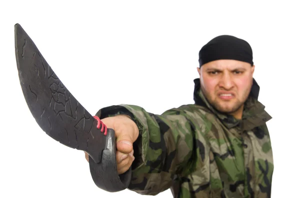 Hombre en uniforme de soldado con cuchillo — Foto de Stock