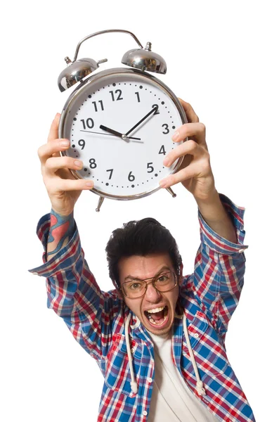 Student with alarm clock isolated on white — Stock Photo, Image